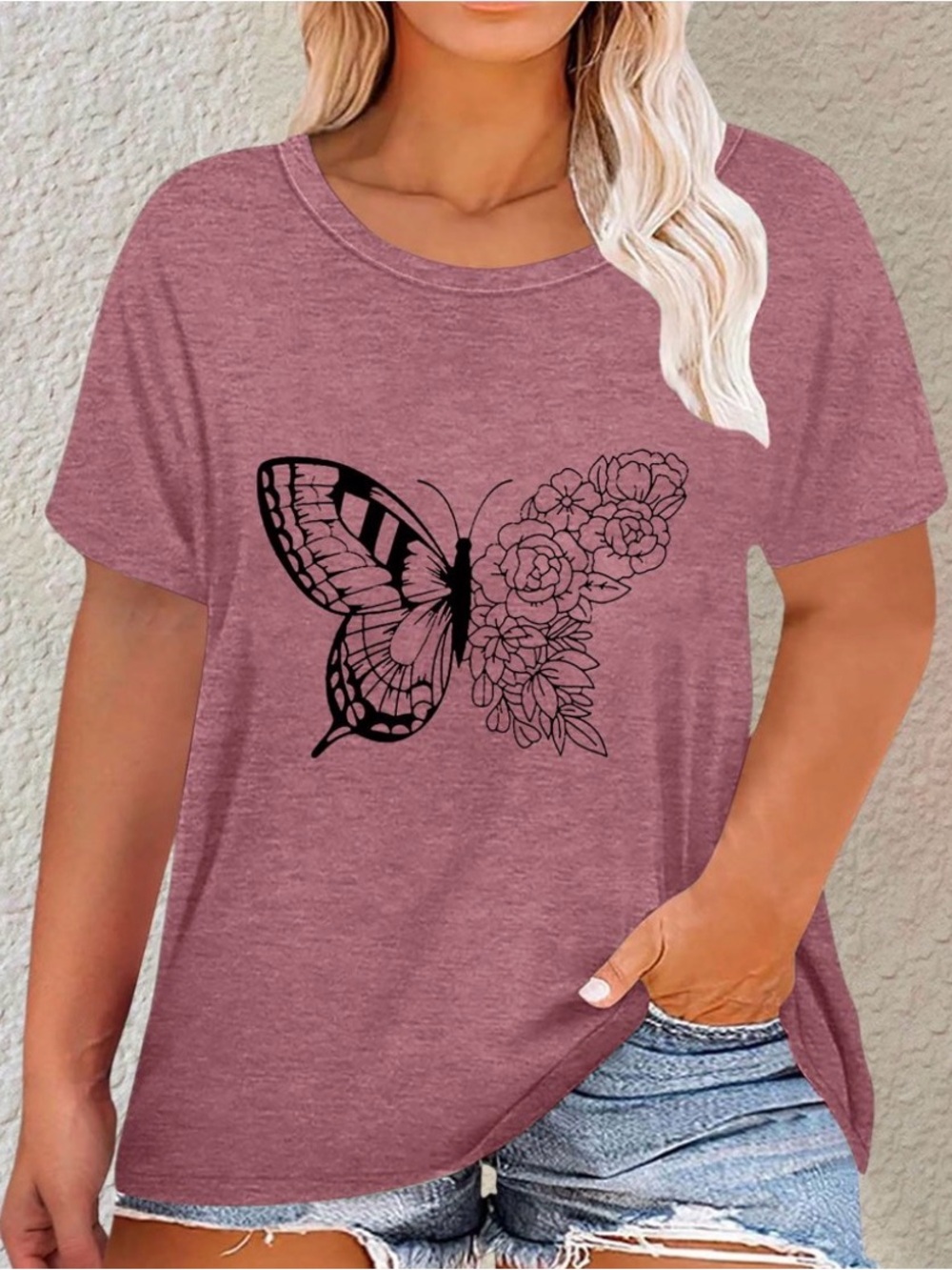 Loose Fit Butterfly Floral T-Shirt Graphic Print Round Neck 2XL Stretch Xiaping